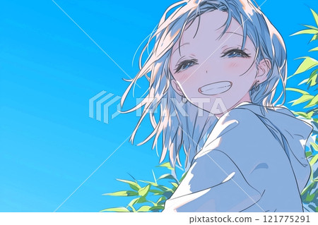 AI-generated image of a woman with a cute smile and blue sky 121775291