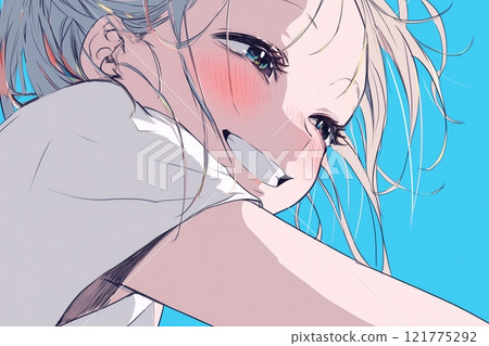 AI-generated image of a woman with a cute smile and blue sky 121775292