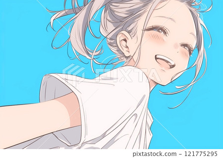 一個可愛的女人與藍天和微笑的插圖“AI 生成圖像” 121775295