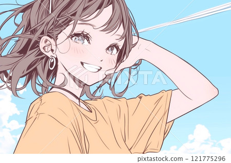 一個可愛的女人與藍天和微笑的插圖“AI 生成圖像” 121775296