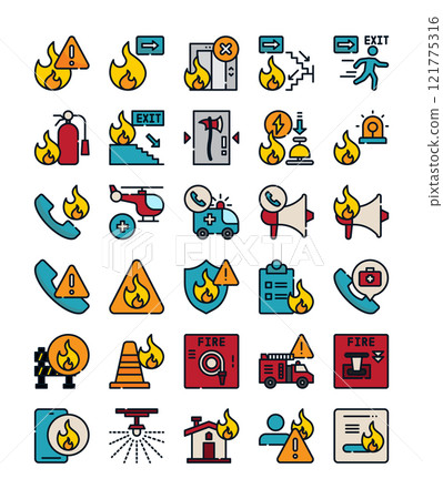 set of fire emergency element filled outline icon 121775316