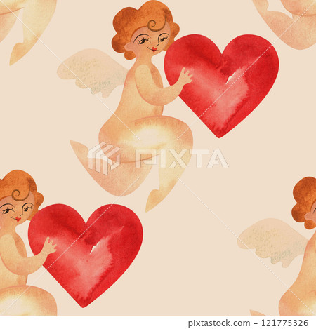 Cupids with hearts in vintage style. Watercolor seamless pattern for textiles and wrapping paper for Valentine's Day or wedding. Cupids with hearts in vintage style. Watercolor seamless pattern for textiles and wrapping paper for Valentine's Day or wedding. 121775326