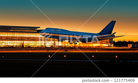 Large commercial airplane taking off from runway at dusk. Direct side view. Background is airport terminal. Created with Generative AI. Large commercial airplane taking off from runway at dusk. Direct side view. Background is airport terminal. Created with Generative AI. 121775409