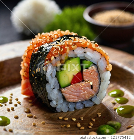 Close-up of sushi roll garnished with sesame seeds on wooden plate.  121775412