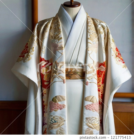 Traditional Japanese kimono with floral patterns on display.  121775413