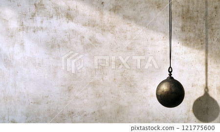 Demolition wrecking ball hanging from crane on empty grunge background Demolition wrecking ball hanging from crane on empty grunge background 121775600