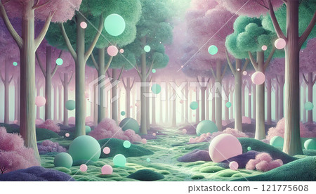 色彩柔和的安靜森林 - 由發光的苔蘚和漂浮的球體創造的奇妙景觀 121775608