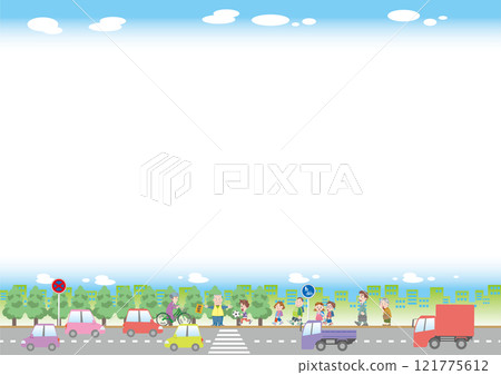 Traffic safety <Frame illustration of city roads (sunny weather with crosswalks), cars, trucks, elementary school students, horizontal position> Traffic safety <Frame illustration of city roads (sunny weather with crosswalks), cars, trucks, elementary school students, horizontal position> 121775612