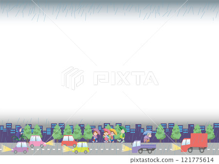 Traffic safety <Frame illustration of city roads (rainy weather), cars, trucks, horizontal position> Traffic safety <Frame illustration of city roads (rainy weather), cars, trucks, horizontal position> 121775614