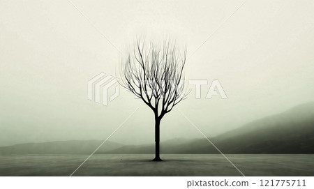 Lonely tree standing in surreal landscape with foggy mountains 121775711