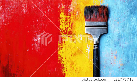 Paintbrush lying on a colorful painted surface with copy space 121775713