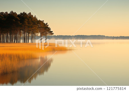 Serene Lake Scene Surrounded by Pine Trees in a Calm, Tranquil Atmosphere at Sunrise 121775814