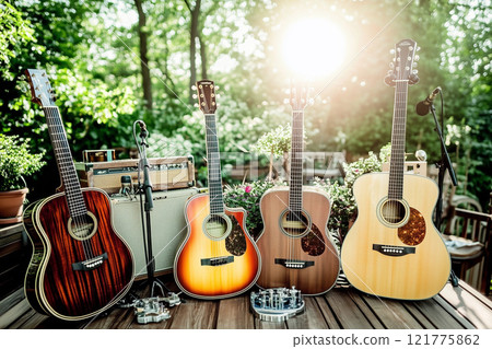 Beautiful Top View of Various Acoustic Guitars and Microphone in an Outdoor Setting 121775862