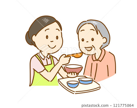 護理人員提供膳食協助。微笑的老人 121775864