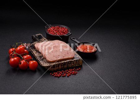 Delicious canned pink spiced ham or spam with salt, spices and herbs 121775895