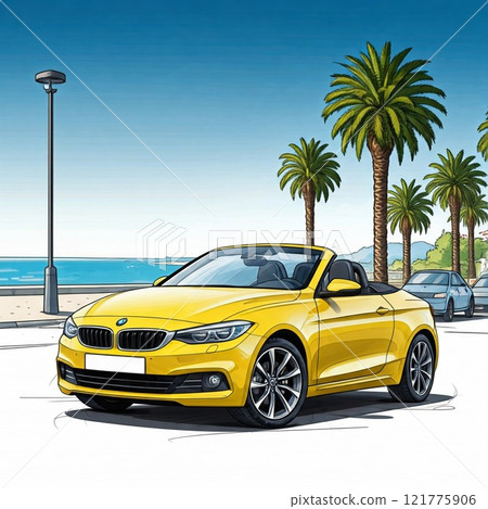 Convertible car, Hawaiian ocean and palm trees 121775906