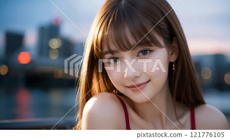 夜晚的街道上微笑著的港區女孩 121776105