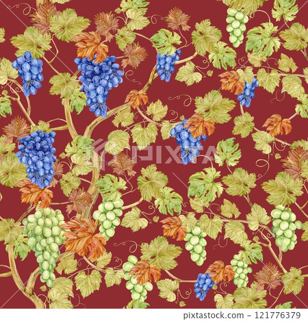 Seamless background with grapevine on red background. Watercolor blue and green autumn grape berries and leaves. Illustrations for textile design. Seamless background with grapevine on red background. Watercolor blue and green autumn grape berries and leaves. Illustrations for textile design. 121776379