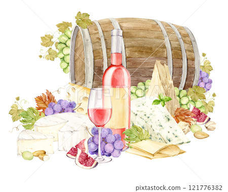 Pink wine and snack on a wooden barrel background. Bottle of light wine, glass of rose wine, grapes, brie and cheddar cheese, blue cheese with mold and figs. Watercolor illustration in retro style. Pink wine and snack on a wooden barrel background. Bottle of light wine, glass of rose wine, grapes, brie and cheddar cheese, blue cheese with mold and figs. Watercolor illustration in retro style. 121776382