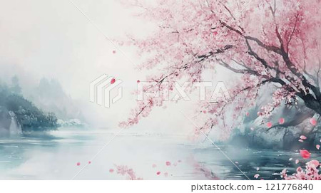 湖邊的櫻花和靜謐的春景| 飄落的花瓣和蒼白的日式插畫| 121776840