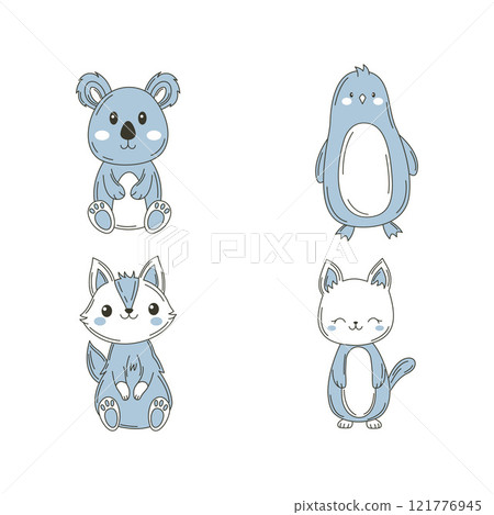 Set of Cute Blue Koala Penguin Fox Animal Cartoon Character Vignetting 121776945