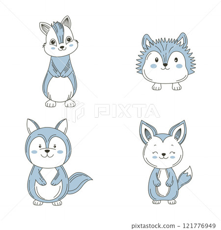Set of Cute Blue Squirrel Chipmunk Mini Hedgehog Fox Animal Cartoon Character Vignetting 121776949