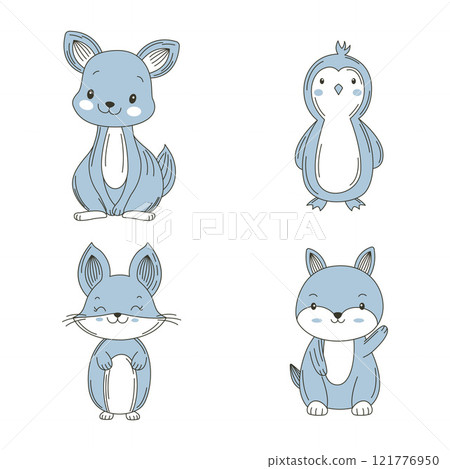 Set of Cute Blue Kangaroo Penguin Fox Animal Cartoon Character Vignetting 121776950