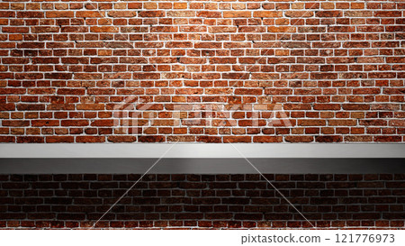 Red wall with white shelf. Abstract pattern of a brick wall 121776973