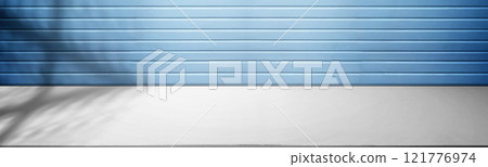 Blue wall with white shelf. Abstract pattern of a wall with horizontal ribbed lines Blue wall with white shelf. Abstract pattern of a wall with horizontal ribbed lines 121776974