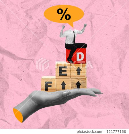 Businessman sitting on stairs of wooden cubes with the text of fed and percentage symbol Businessman sitting on stairs of wooden cubes with the text of fed and percentage symbol 121777168