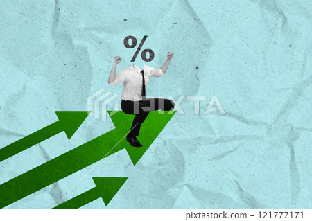 A businessman with a percentage symbol sitting on a green arrow A businessman with a percentage symbol sitting on a green arrow 121777171
