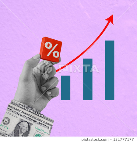The human hand shows an increase chart and a cube with a percentage symbol 121777177