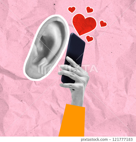 The human hand uses a mobile phone to talk love to others on a colored background 121777183