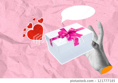 A human hand holding a gift box with a speech bubble and red heart on a colored background A human hand holding a gift box with a speech bubble and red heart on a colored background 121777185