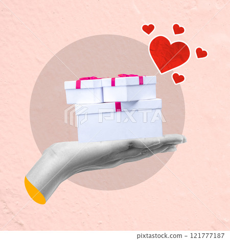 A human hand holding a pile of gift boxes with a red heart on a colored background A human hand holding a pile of gift boxes with a red heart on a colored background 121777187