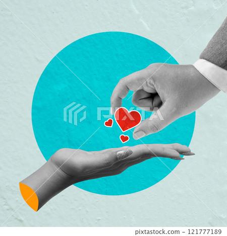 A human hand gives a red heart to others on a colored background 121777189