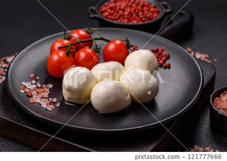 Delicious fresh mozzarella cheese with tomatoes, salt and spices 121777666