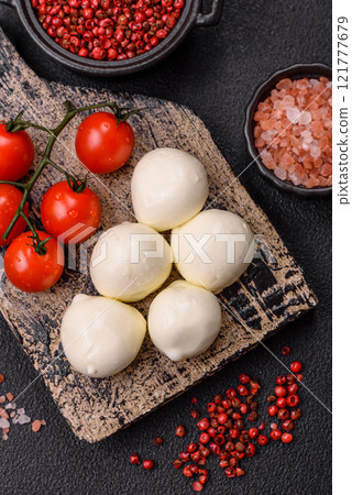 Delicious fresh mozzarella cheese with tomatoes, salt and spices Delicious fresh mozzarella cheese with tomatoes, salt and spices 121777679