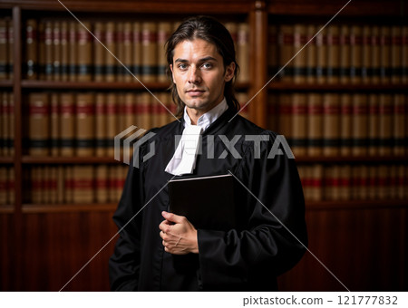 A man in a black robe holding a book 121777832