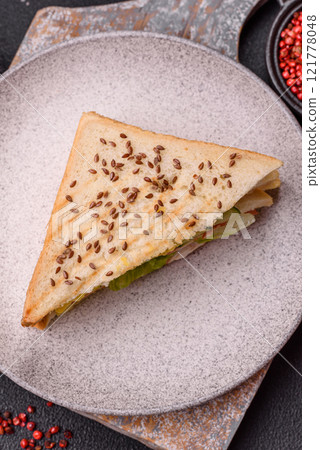 Sandwich with toast bread, meat, tomatoes, cheese, sauce, salt and spices Sandwich with toast bread, meat, tomatoes, cheese, sauce, salt and spices 121778048