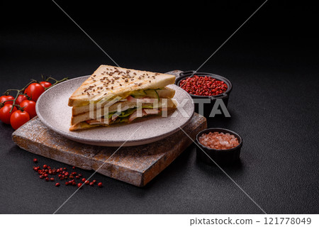 Sandwich with toast bread, meat, tomatoes, cheese, sauce, salt and spices Sandwich with toast bread, meat, tomatoes, cheese, sauce, salt and spices 121778049