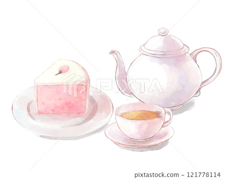 Watercolor illustration of a spring cake set 121778114