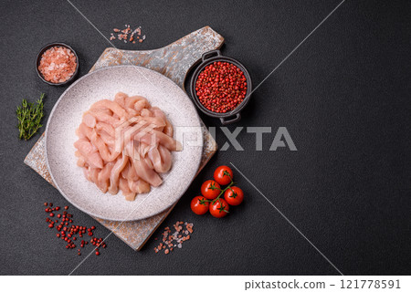 Raw chicken fillet cut into strips with spices and herbs 121778591
