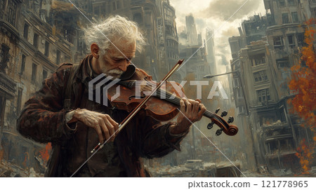 An old man plays a violin on with a ruin of city after war. Created with Generative AI. An old man plays a violin on with a ruin of city after war. Created with Generative AI. 121778965