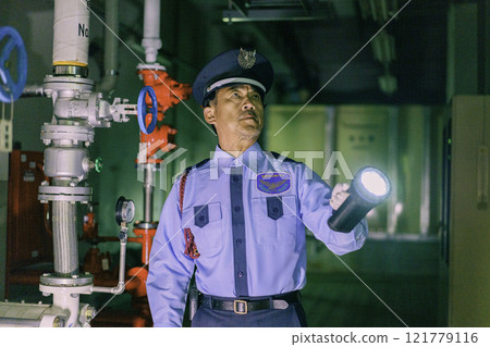 夜間拿著手電筒守衛大樓的男性保全攝影提供:東京電子學院登波學園教育法人。 夜間拿著手電筒守衛大樓的男性保全攝影提供:東京電子學院登波學園教育法人。 121779116