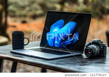 Creative setup with camera and laptop 121779127