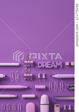 Monochrome banner with violet stationery felt-tip pens, markers, clips, paper clips, pins on purple background. Place for your text Monochrome banner with violet stationery felt-tip pens, markers, clips, paper clips, pins on purple background. Place for your text 121779280