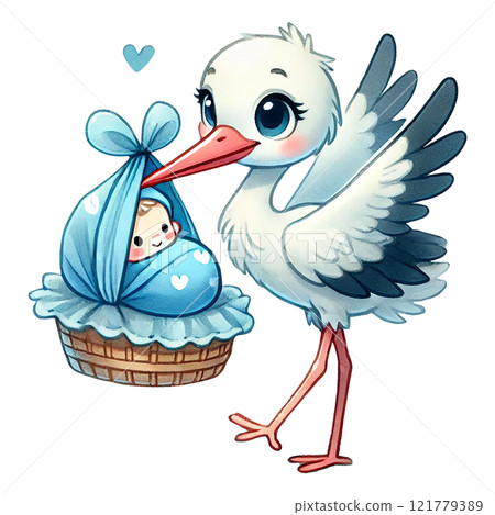 A cheerful stork delivering a baby in a blue blanket basket. Baby shower clipart cartoon. 121779389