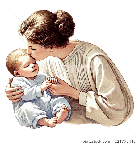 A tender moment between a mother and her baby, full of love. Baby shower clipart cartoon. A tender moment between a mother and her baby, full of love. Baby shower clipart cartoon. 121779413