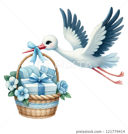 A whimsical stork carrying a basket of gifts and flowers. Baby shower clipart cartoon. 121779414